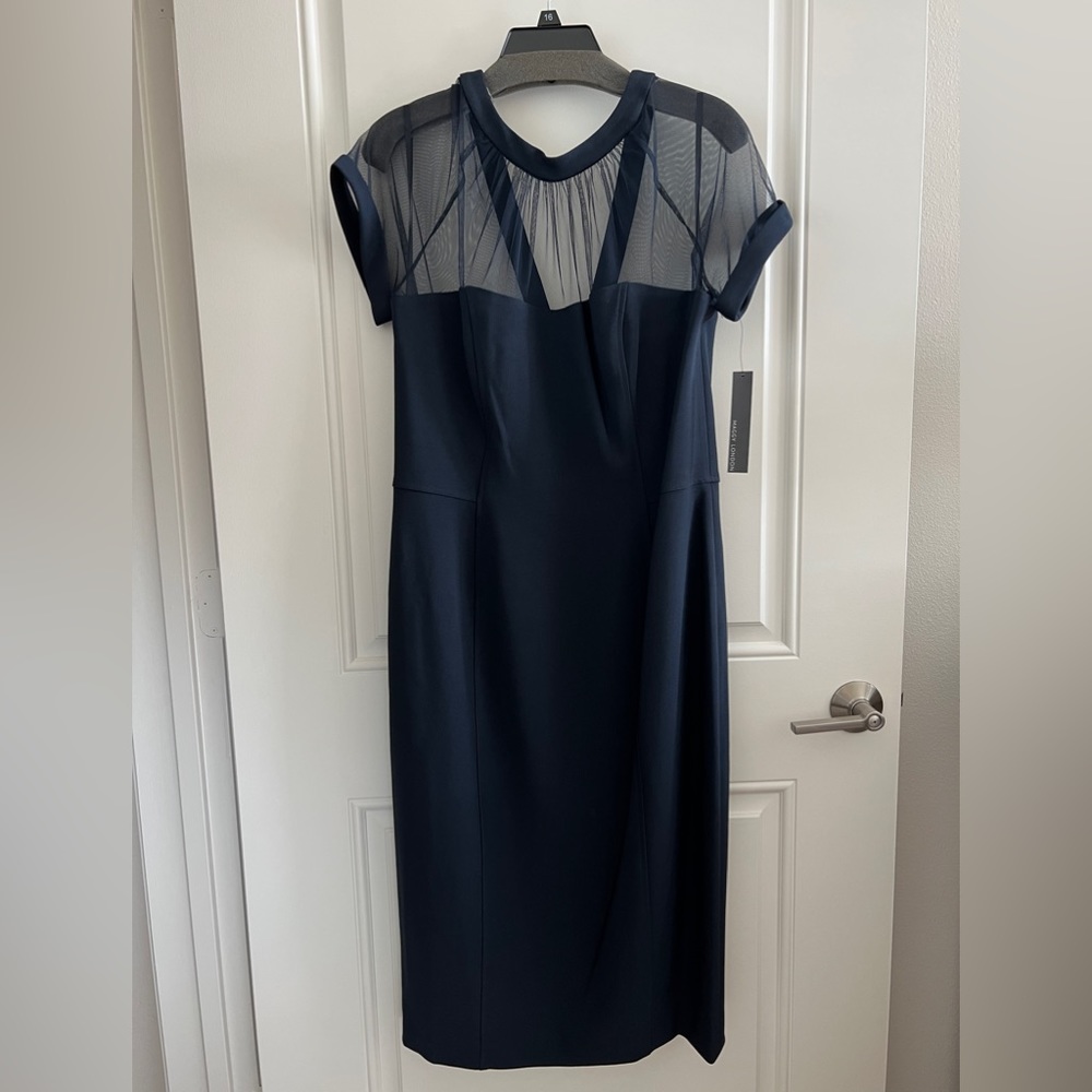 MAGGY LONDON Illusion Sheath Cocktail Dress Size 16in Navy